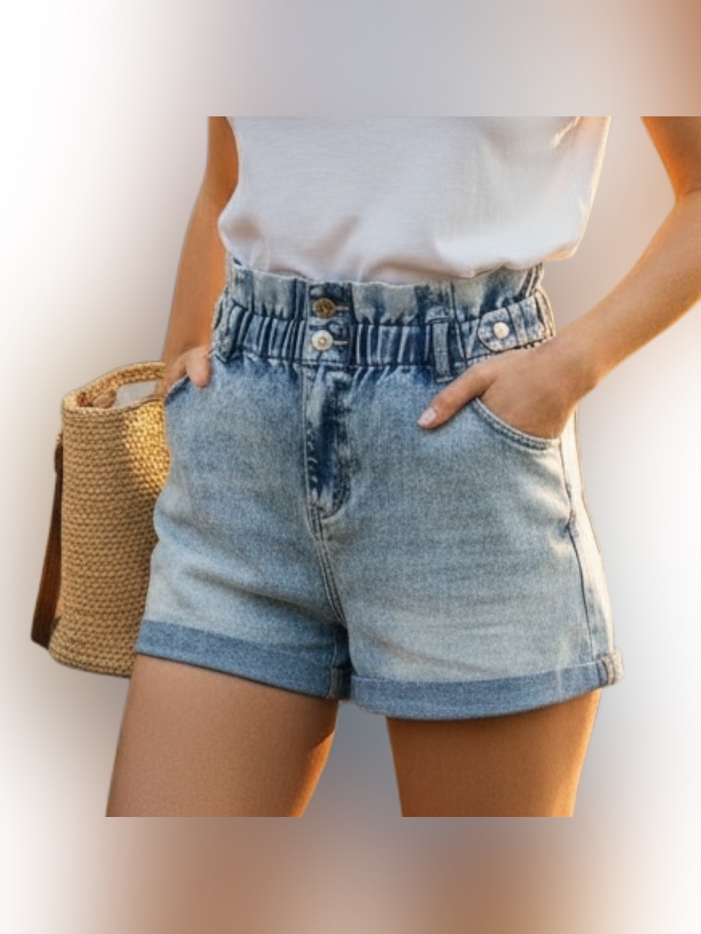 Almost Famous Women's L Blue Light Wash Denim Shorts High Rise Paperbag Waist